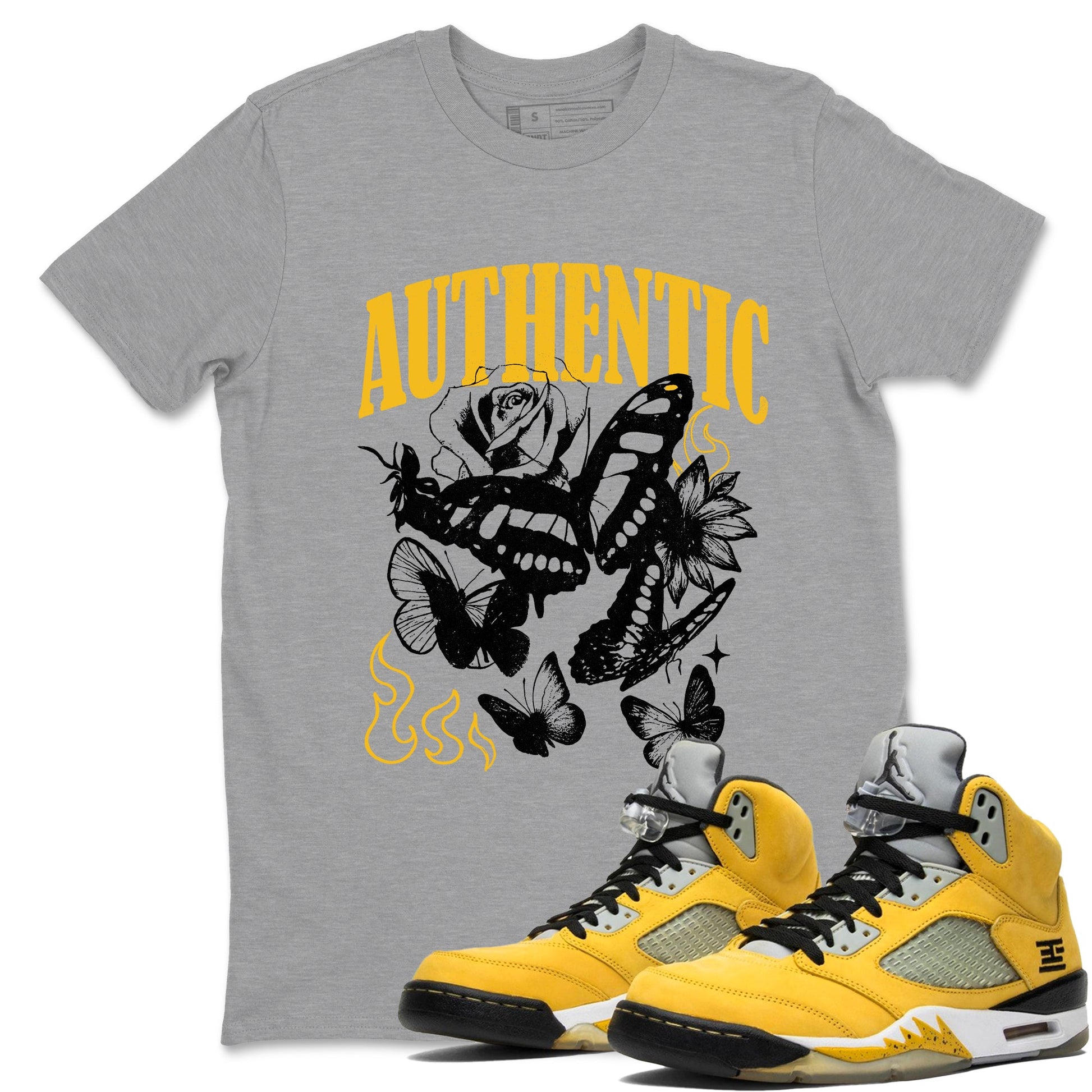 Sneaker match tees – Sneaker Tees To Match Jordan 5 Varsity Maize and Wolf Grey Shoes – Authentic Flame Tee Heather Grey 1