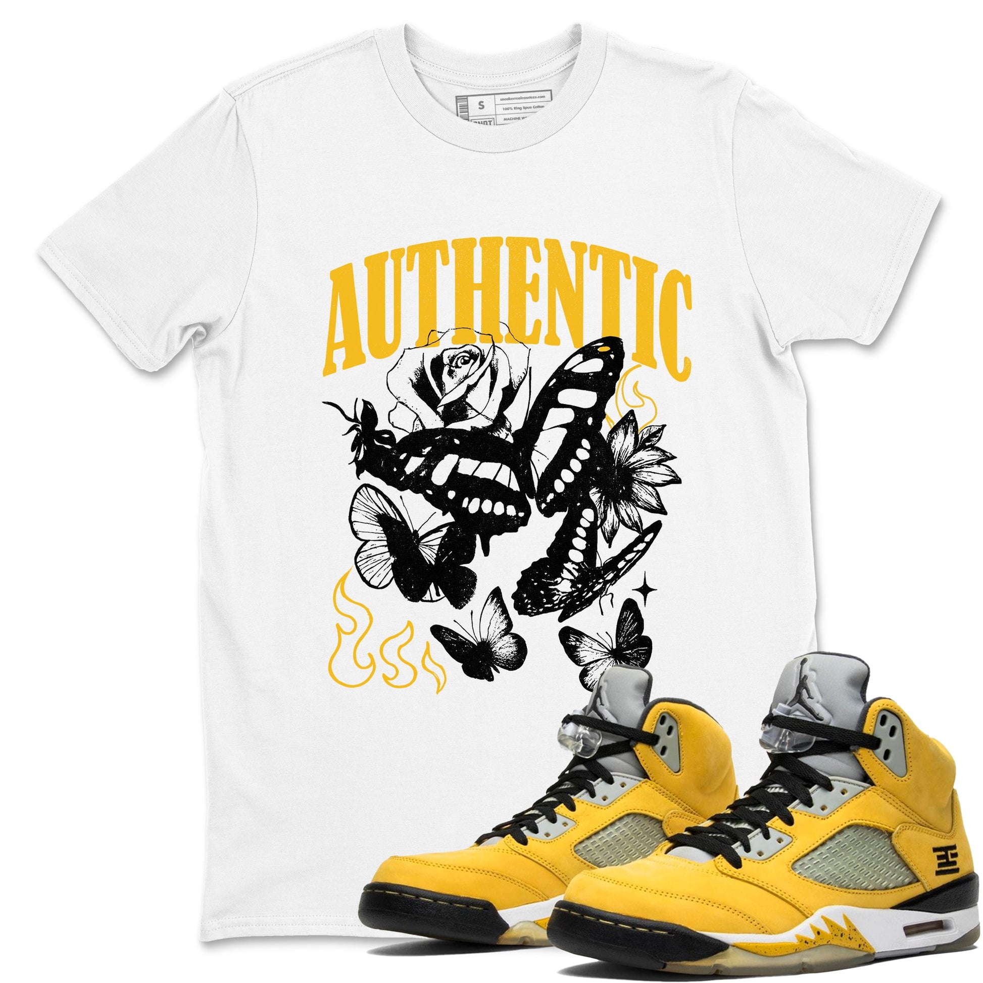 Sneaker match tees – Sneaker Tees To Match Jordan 5 Varsity Maize and Wolf Grey Shoes – Authentic Flame Tee White 1