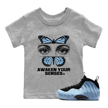 Awaken Your Senses baby and kids t-shirt crafted for little sneakerheads to shine with the Air Foamposite One Psychic Blue sneakers, displayed in Heather Grey 1.