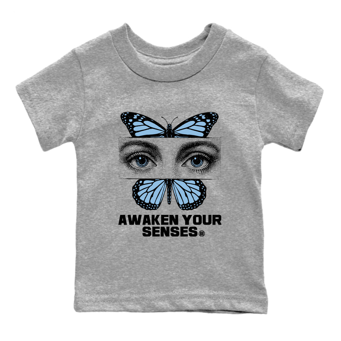 Awaken Your Senses baby and kids t-shirt crafted for little sneakerheads to shine with the Air Foamposite One Psychic Blue sneakers, displayed in Heather Grey 2.