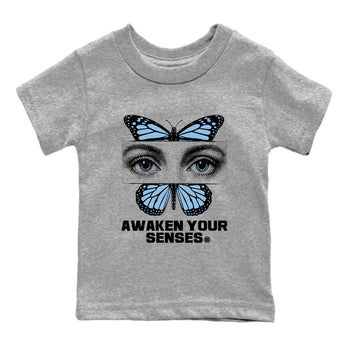 Awaken Your Senses baby and kids t-shirt crafted for little sneakerheads to shine with the Air Foamposite One Psychic Blue sneakers, displayed in Heather Grey 2.