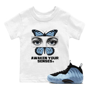 Awaken Your Senses baby and kids t-shirt crafted for little sneakerheads to shine with the Air Foamposite One Psychic Blue sneakers, displayed in White 1.