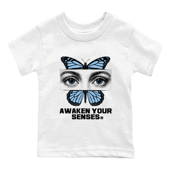 Awaken Your Senses baby and kids t-shirt crafted for little sneakerheads to shine with the Air Foamposite One Psychic Blue sneakers, displayed in White 2.