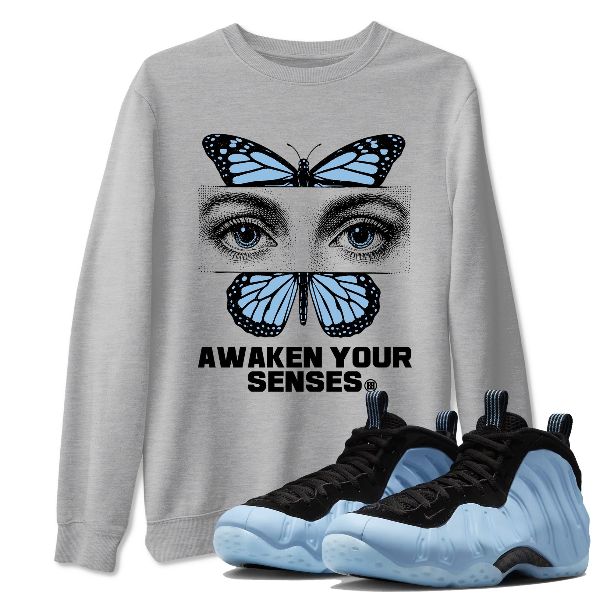 Awaken Your Senses sneaker match t-shirt styled to complete your fit with the Air Foamposite One Psychic Blue sneakers, shown in Heather Grey 1.