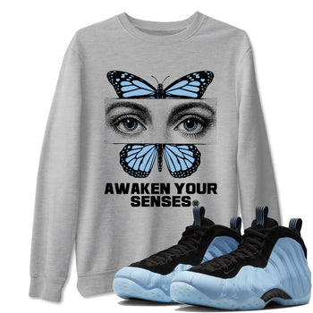 Awaken Your Senses sneaker match t-shirt styled to complete your fit with the Air Foamposite One Psychic Blue sneakers, shown in Heather Grey 1.