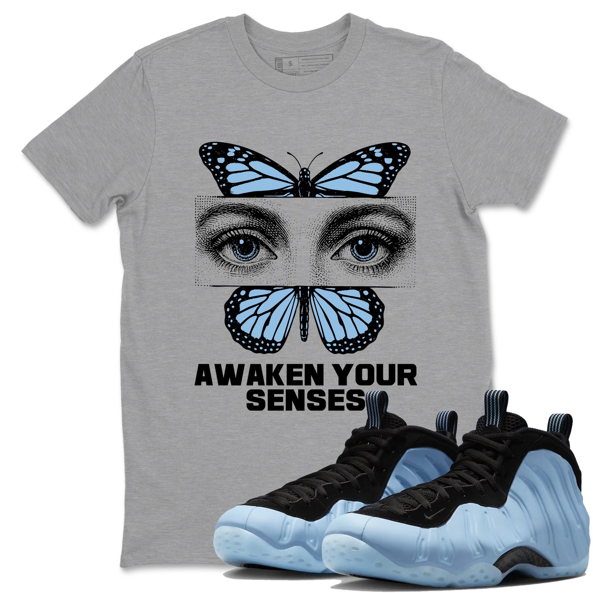 Awaken Your Senses sneaker match t-shirt styled to complete your fit with the Air Foamposite One Psychic Blue sneakers, shown in Heather Grey 1.
