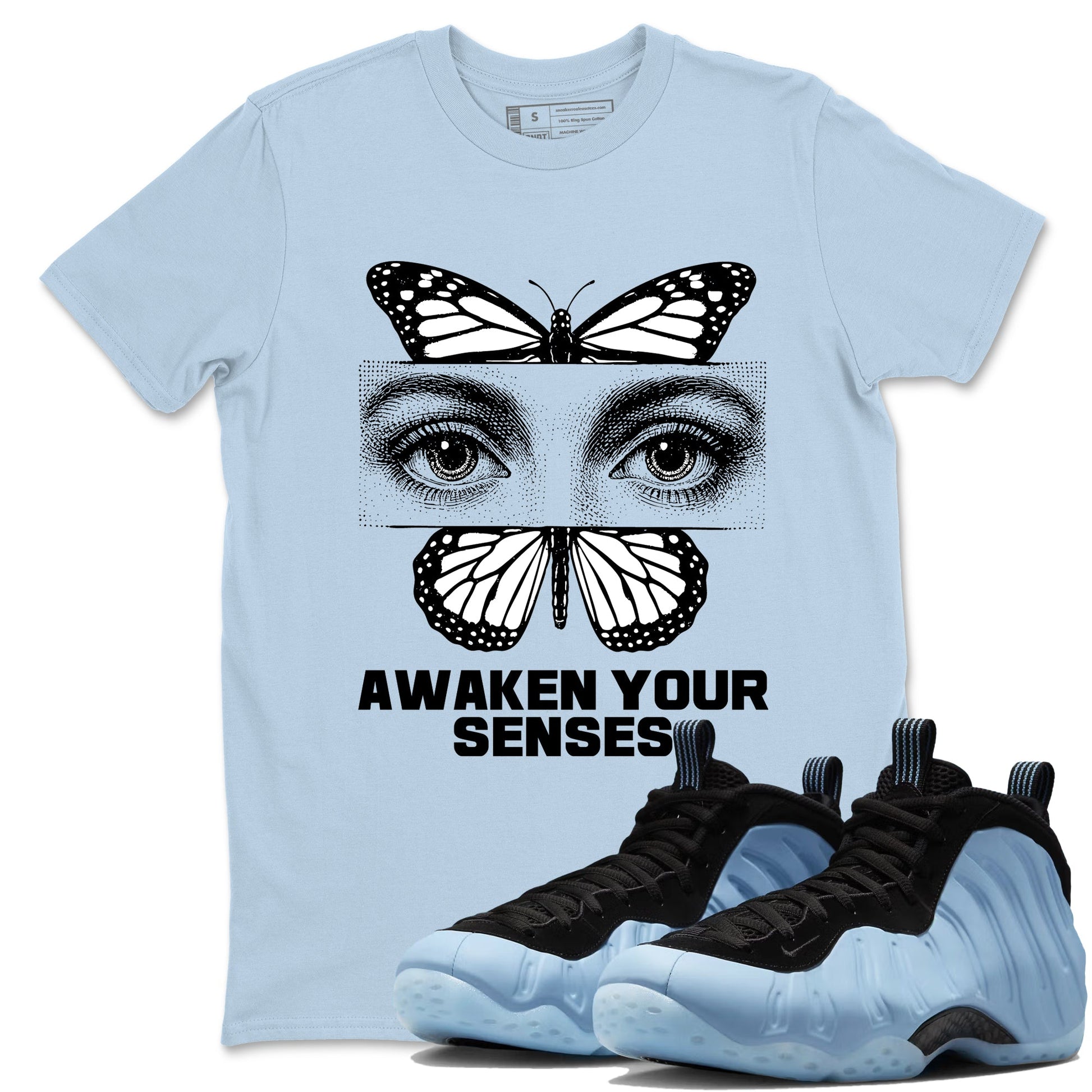 Awaken Your Senses sneaker match t-shirt styled to complete your fit with the Air Foamposite One Psychic Blue sneakers, shown in Light Blue 1.