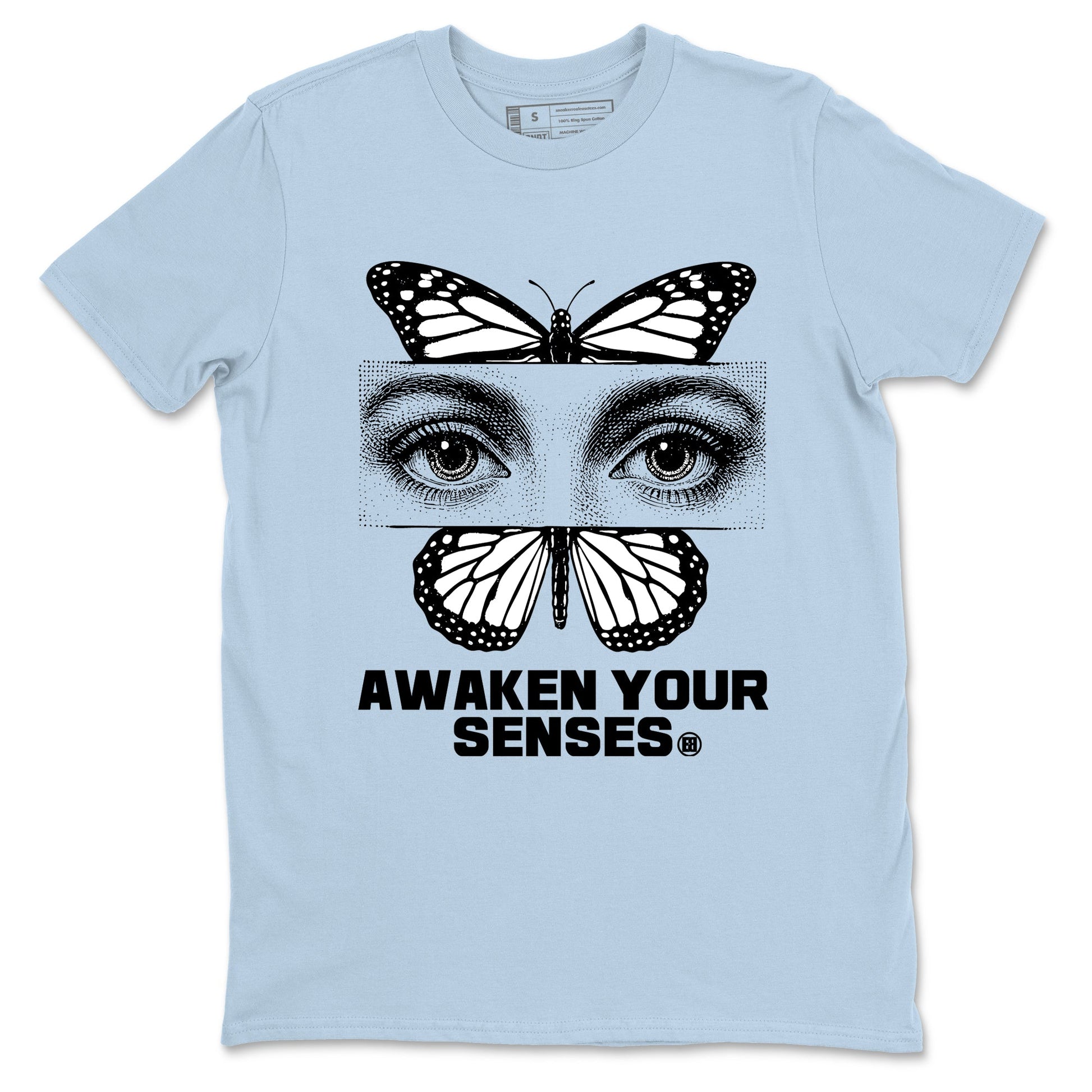 Awaken Your Senses sneaker match t-shirt styled to complete your fit with the Air Foamposite One Psychic Blue sneakers, shown in Light Blue 2.