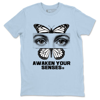 Awaken Your Senses sneaker match t-shirt styled to complete your fit with the Air Foamposite One Psychic Blue sneakers, shown in Light Blue 2.
