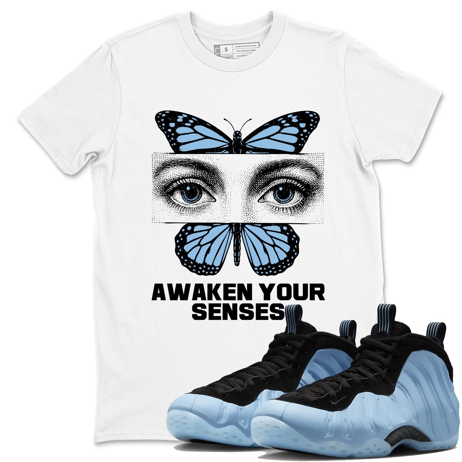 Awaken Your Senses sneaker match t-shirt styled to complete your fit with the Air Foamposite One Psychic Blue sneakers, shown in White 1.