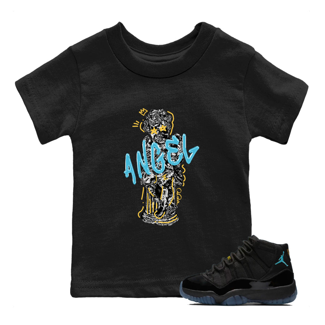 Sneaker Threads – Sneaker Tees To Match Air Jordan 11 Gamma – Baby Angel Youth Graphic Tee Black 1. Perfect for Jordan releases 2025 colorways.
