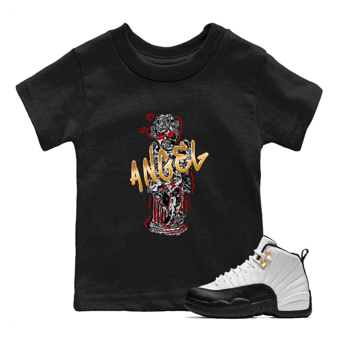 Sneaker Threads – Sneaker Tees To Match Air Jordan 12 Taxi – Baby Angel Youth Graphic Tee Black 1. Perfect for Jordan releases 2025 colorways.