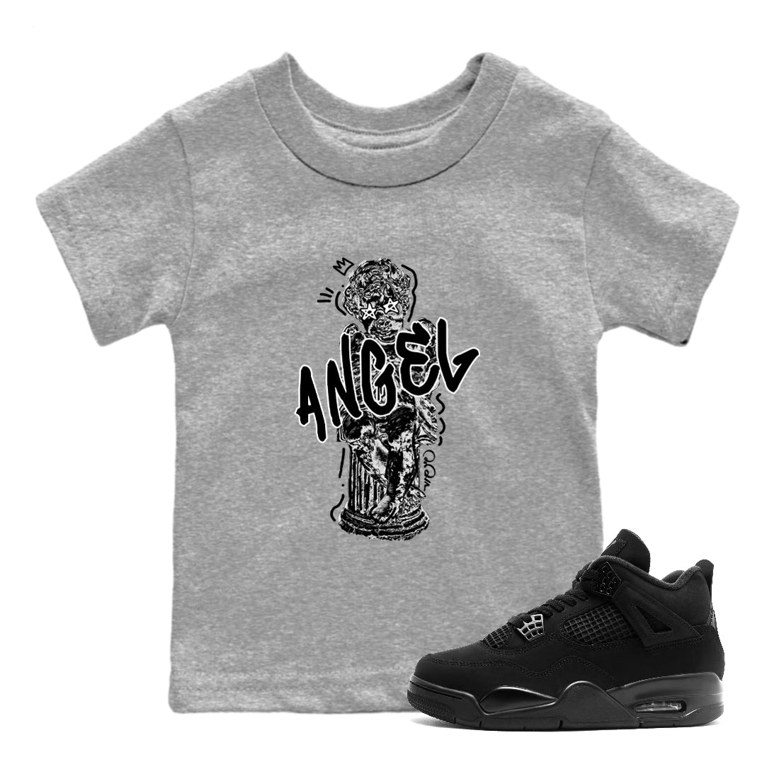 Sneaker Threads – Sneaker Tees To Match Air Jordan 4 Black Cat – Baby Angel Youth Graphic Tee Heather Grey 1. Perfect for Jordan releases 2025 colorways.
