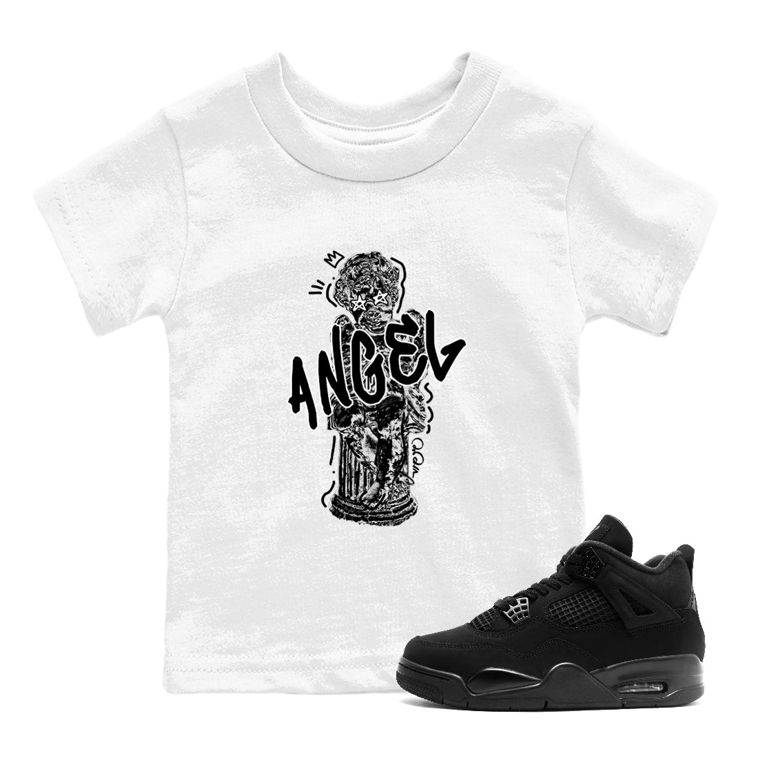 Sneaker Threads – Sneaker Tees To Match Air Jordan 4 Black Cat – Baby Angel Youth Graphic Tee White 1. Perfect for Jordan releases 2025 colorways.