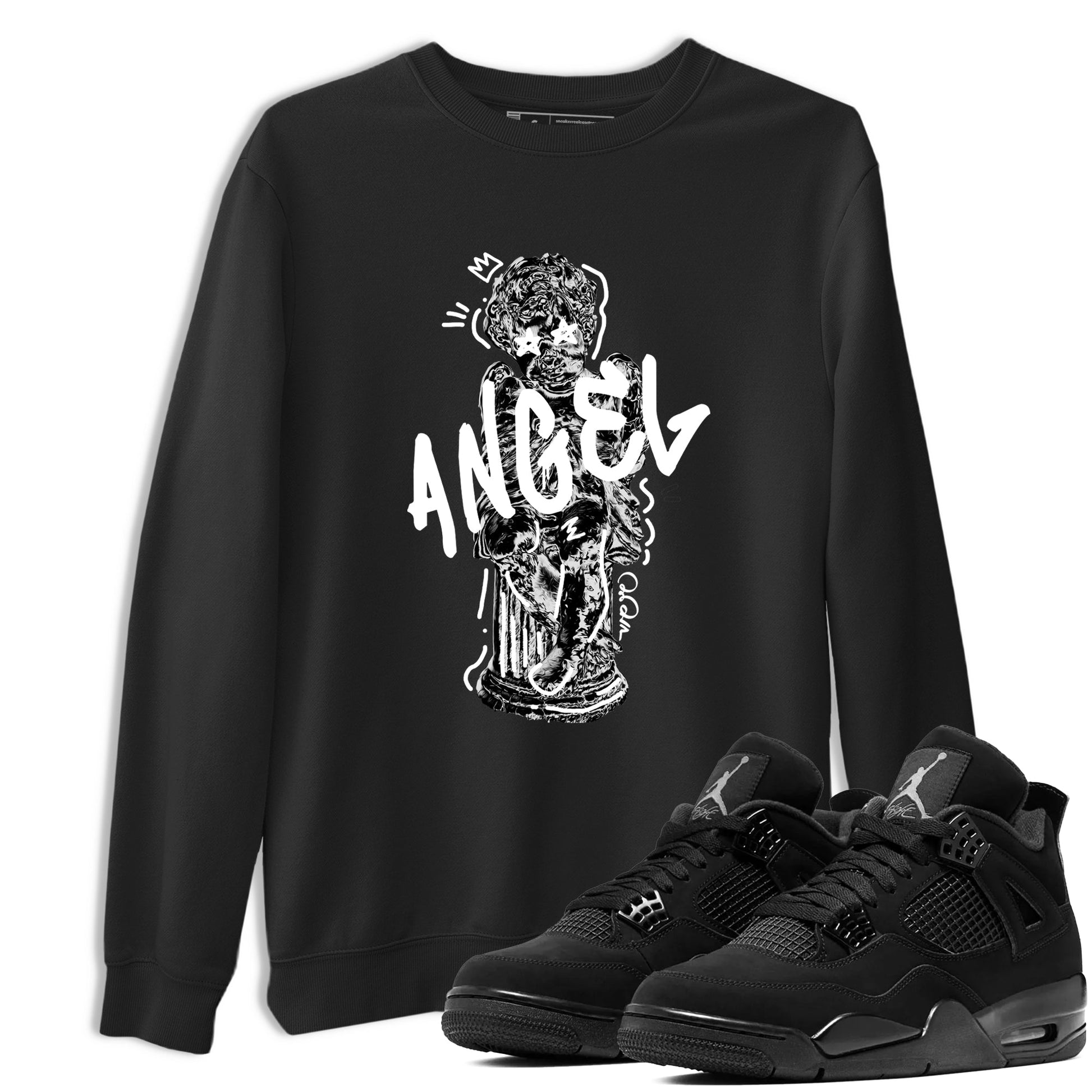 Sneaker Threads – Sneaker Tees To Match Air Jordan 4 Black Cat – Baby Angel Graphic Tee Black 1. Perfect for Jordan releases 2025 colorways.