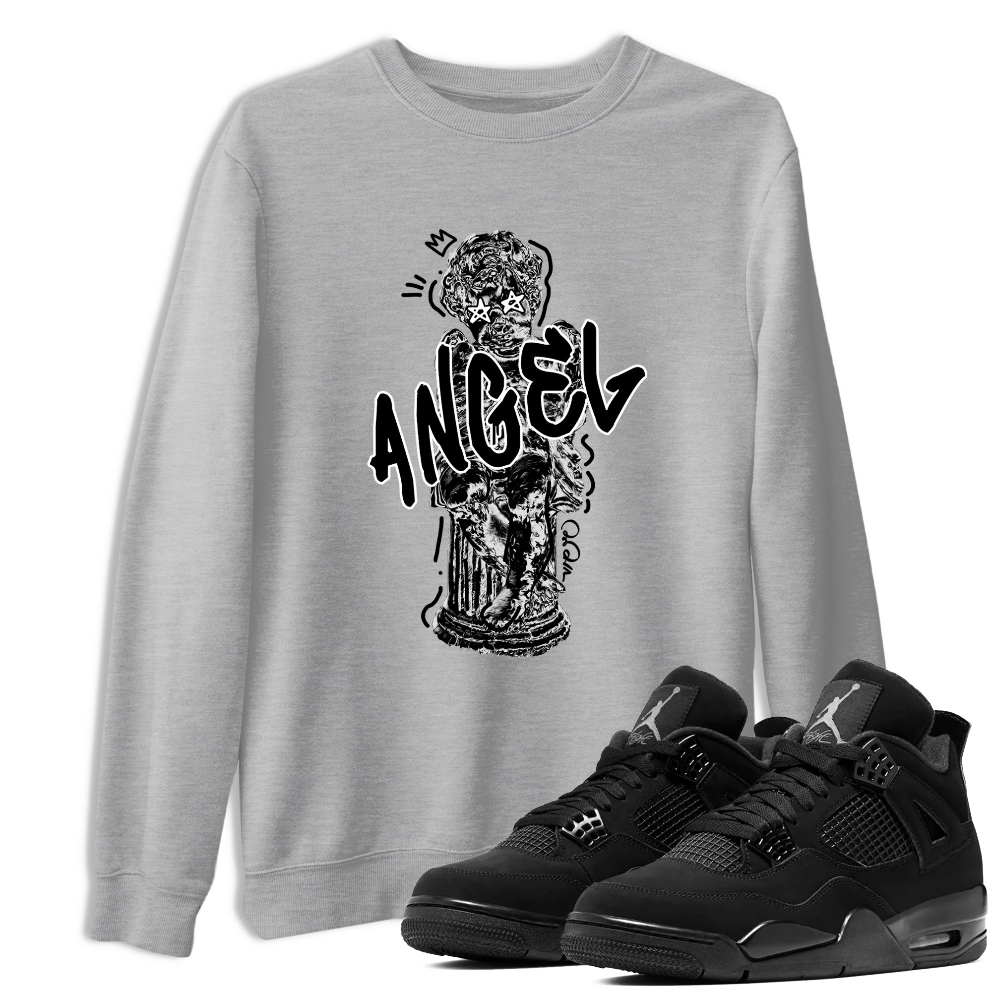 Sneaker Threads – Sneaker Tees To Match Air Jordan 4 Black Cat – Baby Angel Graphic Tee Heather Grey 1. Perfect for Jordan releases 2025 colorways.