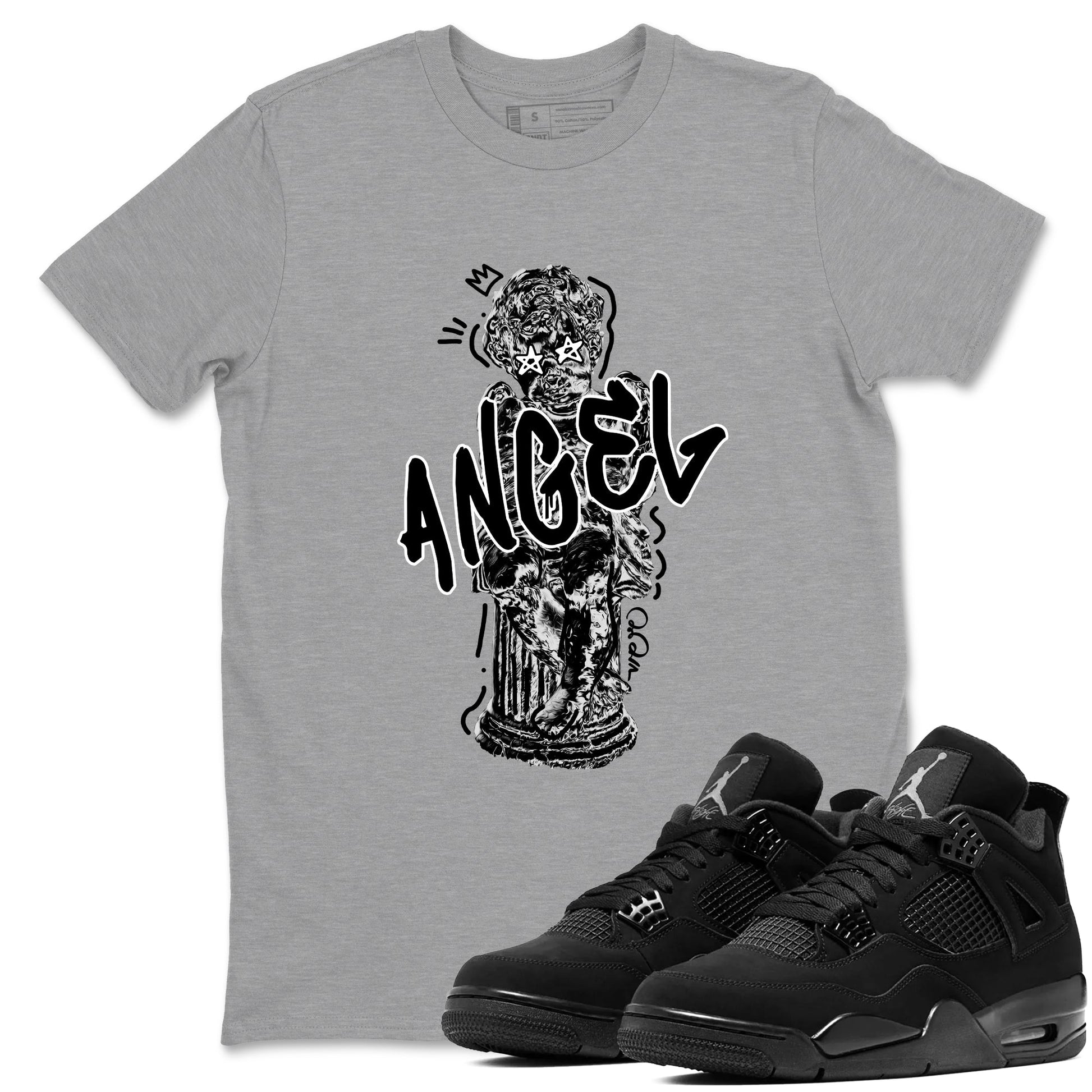 Sneaker Threads – Sneaker Tees To Match Air Jordan 4 Black Cat – Baby Angel Graphic Tee Heather Grey 1. Perfect for Jordan releases 2025 colorways.