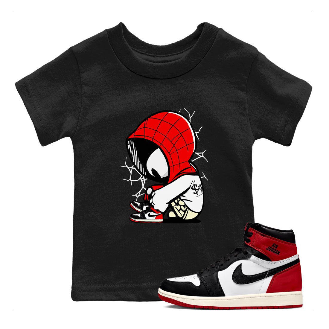 AJ 1 Black Toe Reimagined shirts to match jordans Baby Spider sneaker match tees AJ 1 Black Toe Reimagined SNRT Sneaker Tees streetwear brand Baby and Youth Black 1 cotton tee