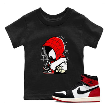 AJ 1 Black Toe Reimagined shirts to match jordans Baby Spider sneaker match tees AJ 1 Black Toe Reimagined SNRT Sneaker Tees streetwear brand Baby and Youth Black 1 cotton tee