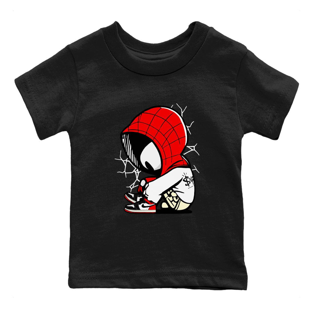 AJ 1 Black Toe Reimagined shirts to match jordans Baby Spider sneaker match tees AJ 1 Black Toe Reimagined SNRT Sneaker Tees streetwear brand Baby and Youth Black 2 cotton tee