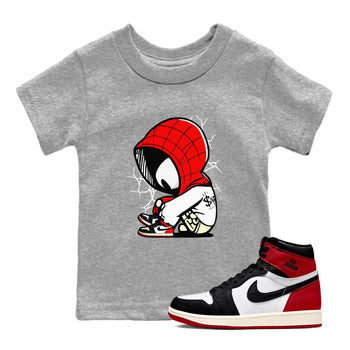 AJ 1 Black Toe Reimagined shirts to match jordans Baby Spider sneaker match tees AJ 1 Black Toe Reimagined SNRT Sneaker Tees streetwear brand Baby and Youth Heather Grey 1 cotton tee