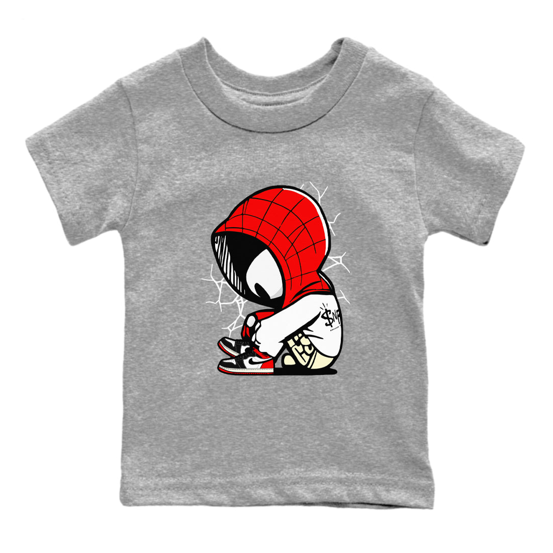 AJ 1 Black Toe Reimagined shirts to match jordans Baby Spider sneaker match tees AJ 1 Black Toe Reimagined SNRT Sneaker Tees streetwear brand Baby and Youth Heather Grey 2 cotton tee