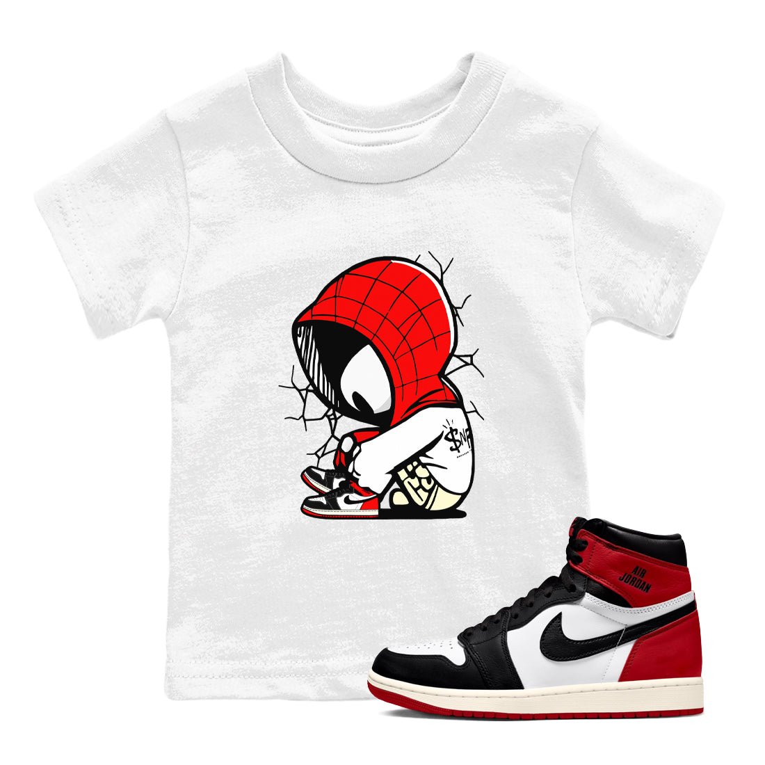 AJ 1 Black Toe Reimagined shirts to match jordans Baby Spider sneaker match tees AJ 1 Black Toe Reimagined SNRT Sneaker Tees streetwear brand Baby and Youth White 1 cotton tee