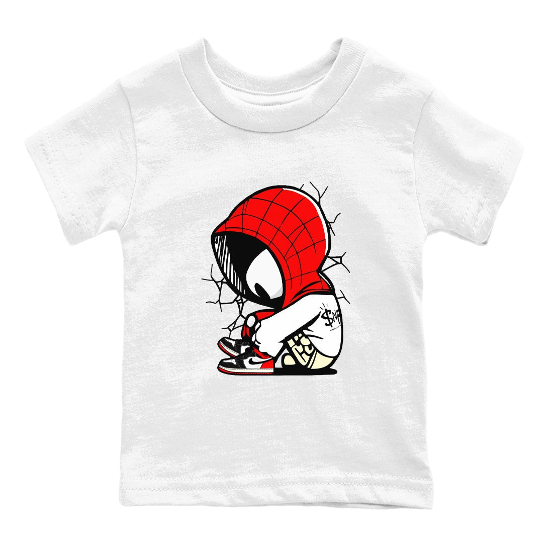AJ 1 Black Toe Reimagined shirts to match jordans Baby Spider sneaker match tees AJ 1 Black Toe Reimagined SNRT Sneaker Tees streetwear brand Baby and Youth White 2 cotton tee
