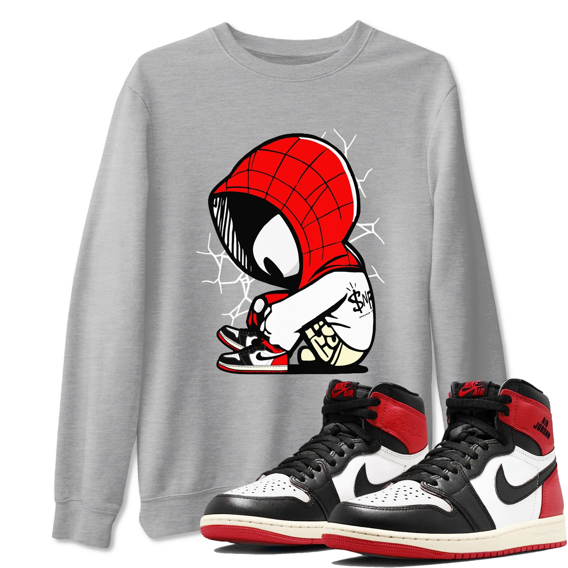 AJ 1 Black Toe Reimagined shirts to match jordans Baby Spider sneaker match tees AJ 1 Black Toe Reimagined SNRT Sneaker Tees streetwear brand Heather Grey 1 unisex cotton tee