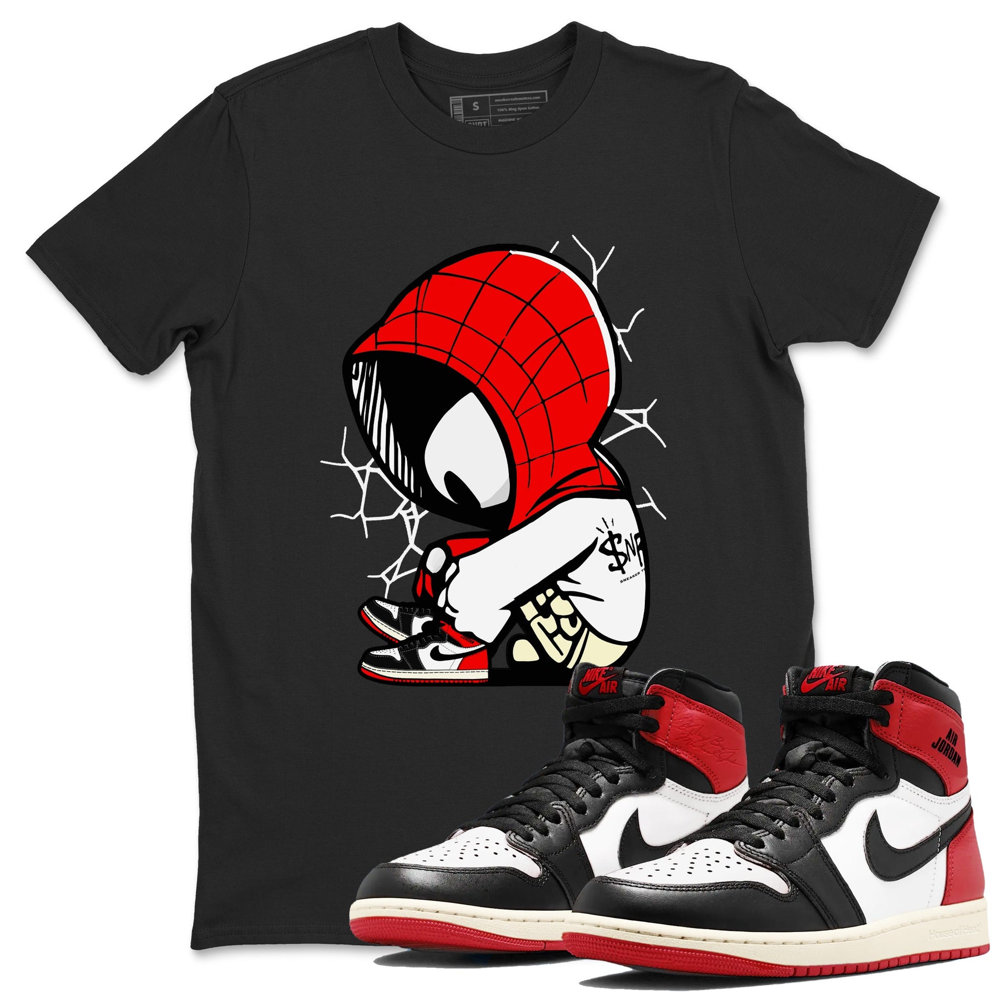 AJ 1 Black Toe Reimagined shirts to match jordans Baby Spider sneaker match tees AJ 1 Black Toe Reimagined SNRT Sneaker Tees streetwear brand Black 1 unisex cotton tee