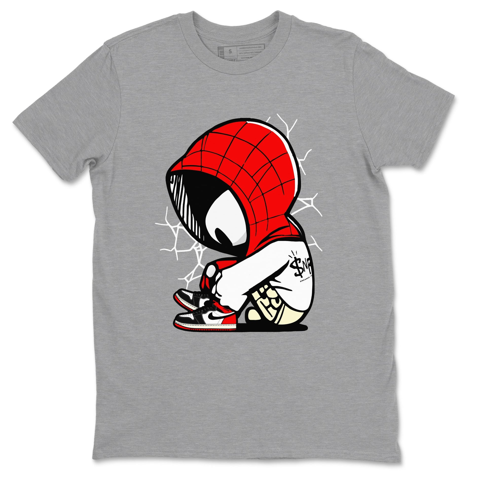 AJ 1 Black Toe Reimagined shirts to match jordans Baby Spider sneaker match tees AJ 1 Black Toe Reimagined SNRT Sneaker Tees streetwear brand Heather Grey 2 unisex cotton tee