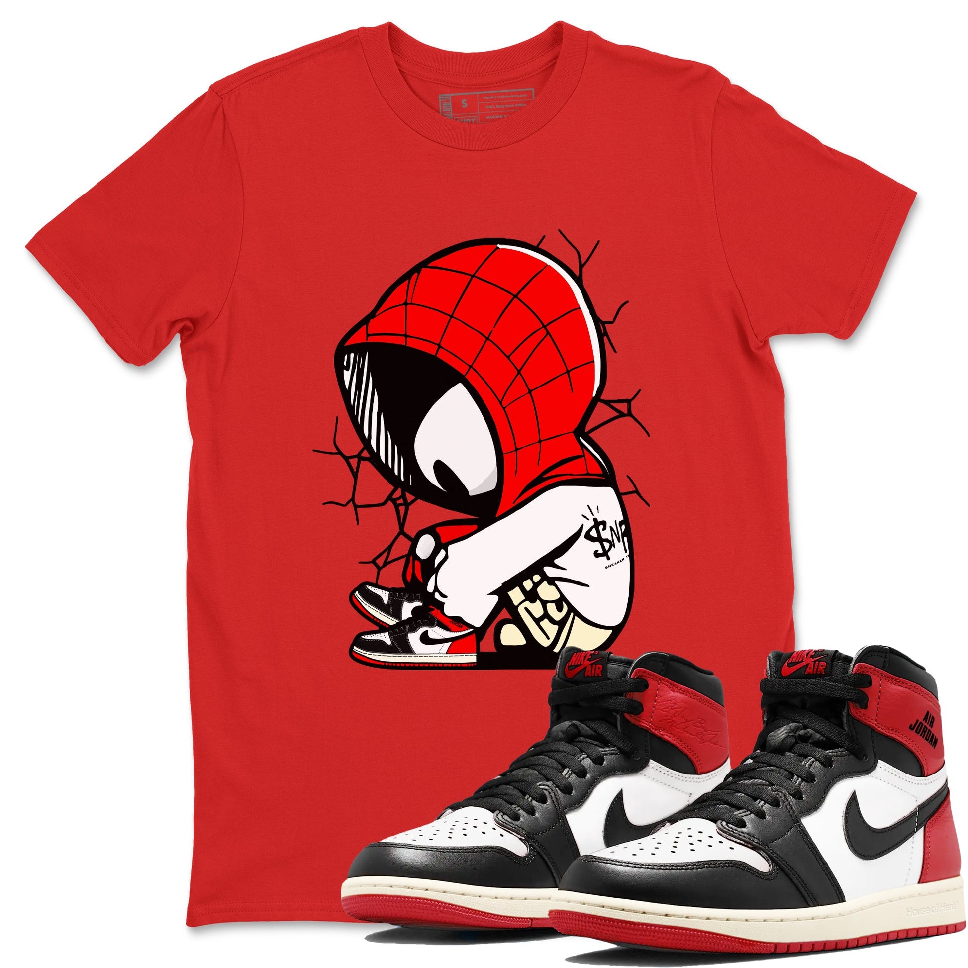 AJ 1 Black Toe Reimagined shirts to match jordans Baby Spider sneaker match tees AJ 1 Black Toe Reimagined SNRT Sneaker Tees streetwear brand Red 1 unisex cotton tee