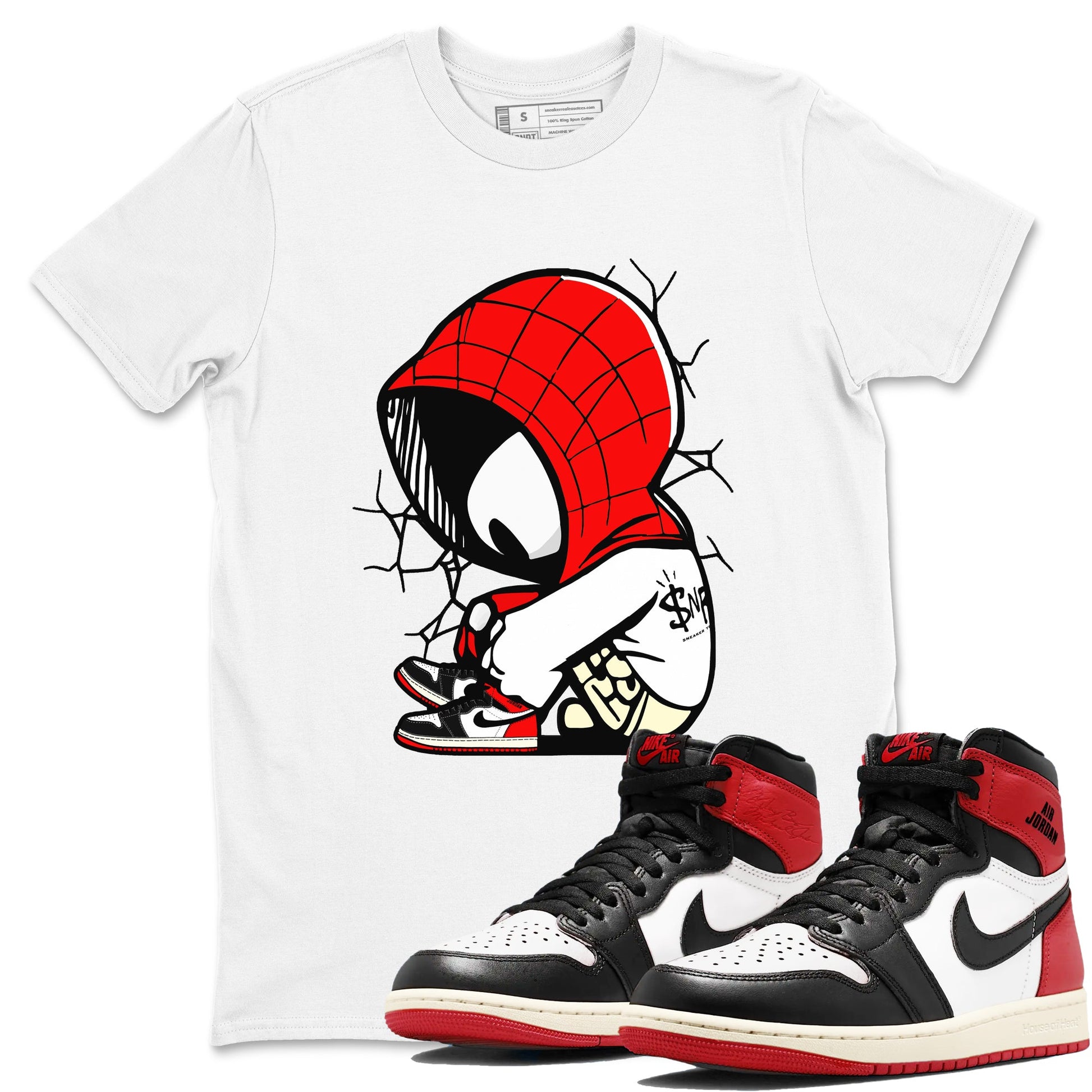 AJ 1 Black Toe Reimagined shirts to match jordans Baby Spider sneaker match tees AJ 1 Black Toe Reimagined SNRT Sneaker Tees streetwear brand White 1 unisex cotton tee
