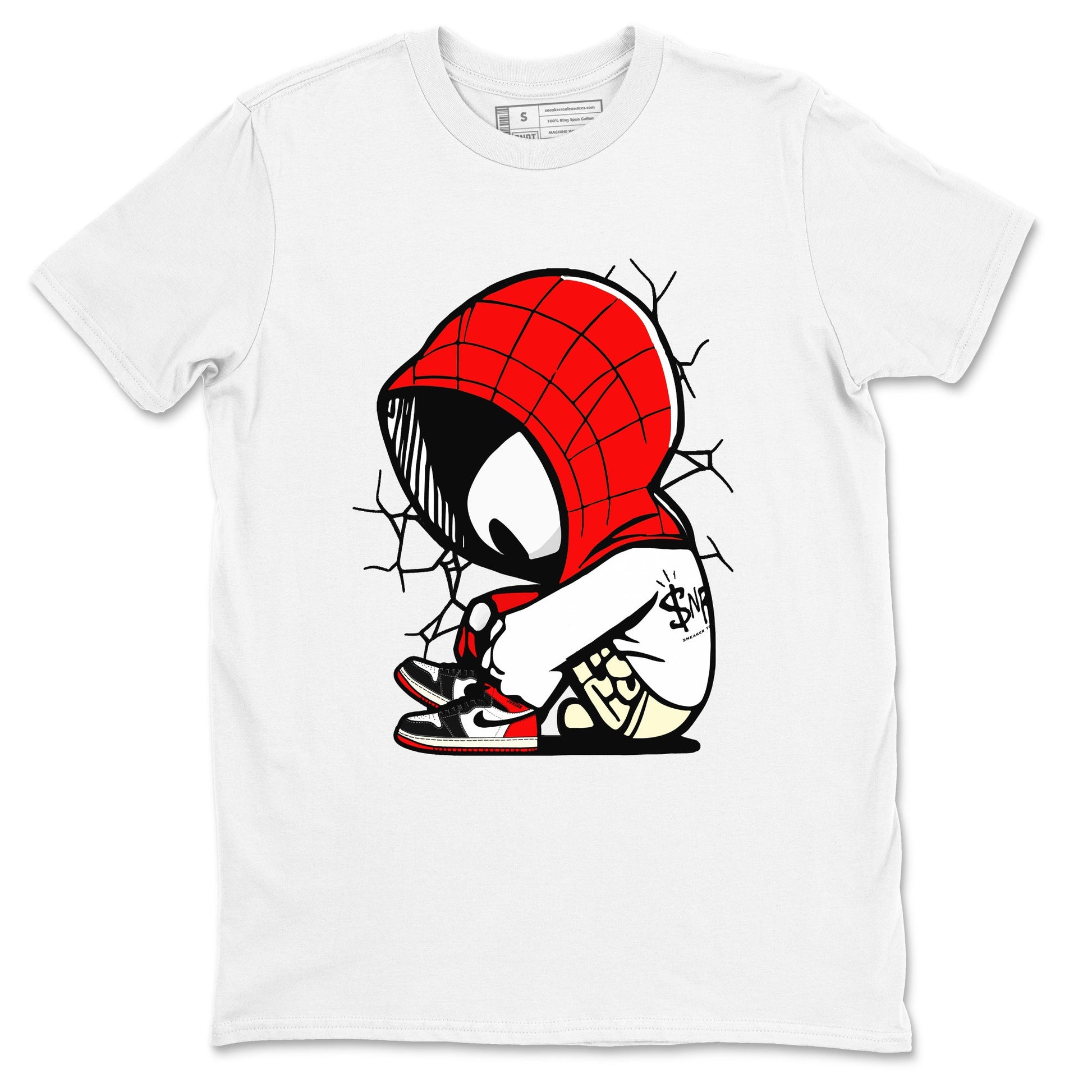 AJ 1 Black Toe Reimagined shirts to match jordans Baby Spider sneaker match tees AJ 1 Black Toe Reimagined SNRT Sneaker Tees streetwear brand White 2 unisex cotton tee