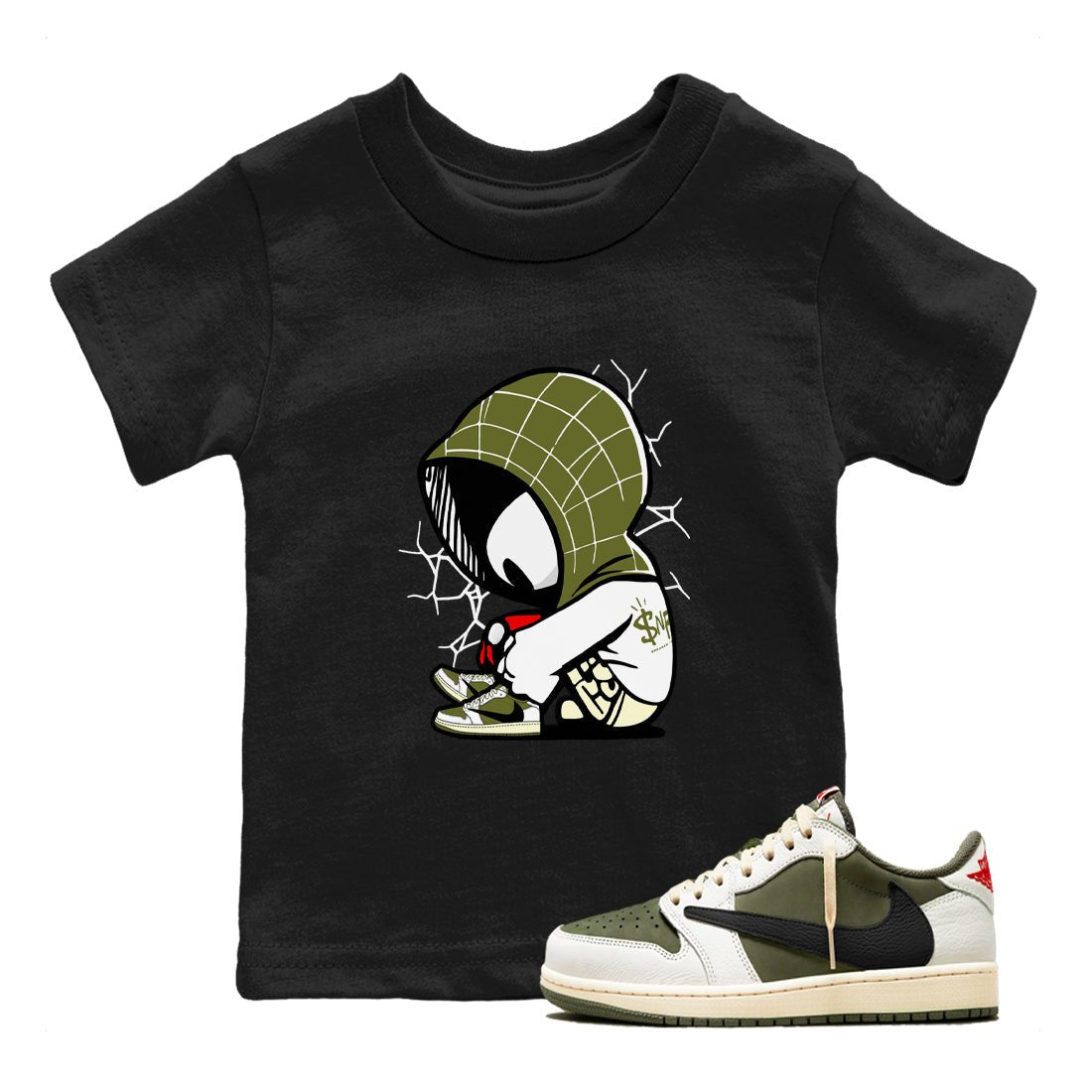 1s Travis Scott Medium Olive shirts to match jordans Baby Spider sneaker match tees Air Jordan 1 Travis Scott Medium Olive SNRT Sneaker Tees streetwear brand Baby and Youth Black 1 cotton tee