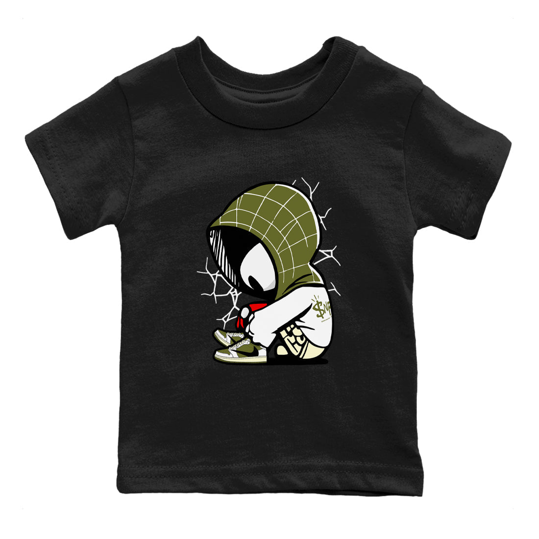 1s Travis Scott Medium Olive shirts to match jordans Baby Spider sneaker match tees Air Jordan 1 Travis Scott Medium Olive SNRT Sneaker Tees streetwear brand Baby and Youth Black 2 cotton tee