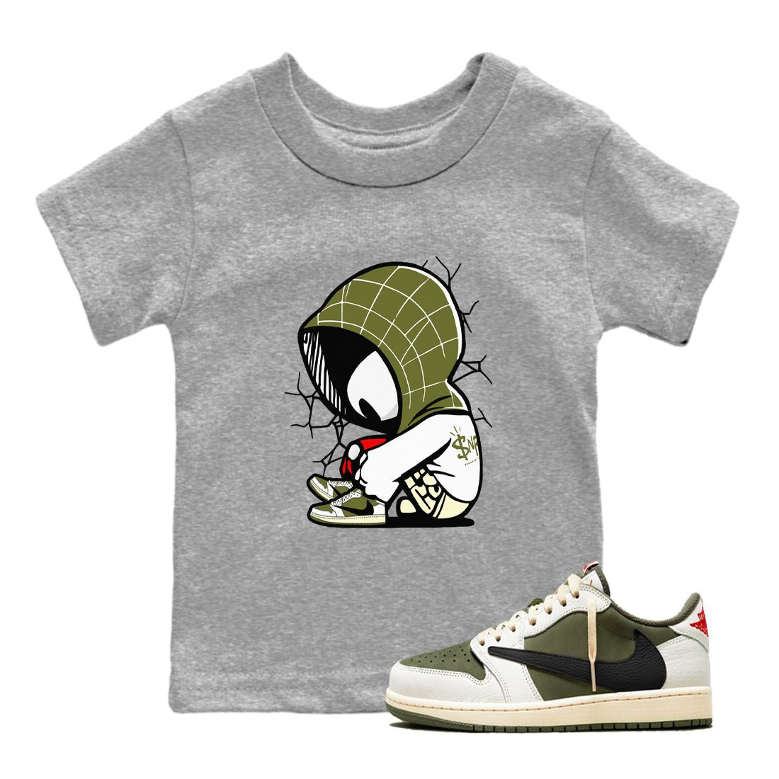 1s Travis Scott Medium Olive shirts to match jordans Baby Spider sneaker match tees Air Jordan 1 Travis Scott Medium Olive SNRT Sneaker Tees streetwear brand Baby and Youth Heather Grey 1 cotton tee