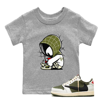 1s Travis Scott Medium Olive shirts to match jordans Baby Spider sneaker match tees Air Jordan 1 Travis Scott Medium Olive SNRT Sneaker Tees streetwear brand Baby and Youth Heather Grey 1 cotton tee