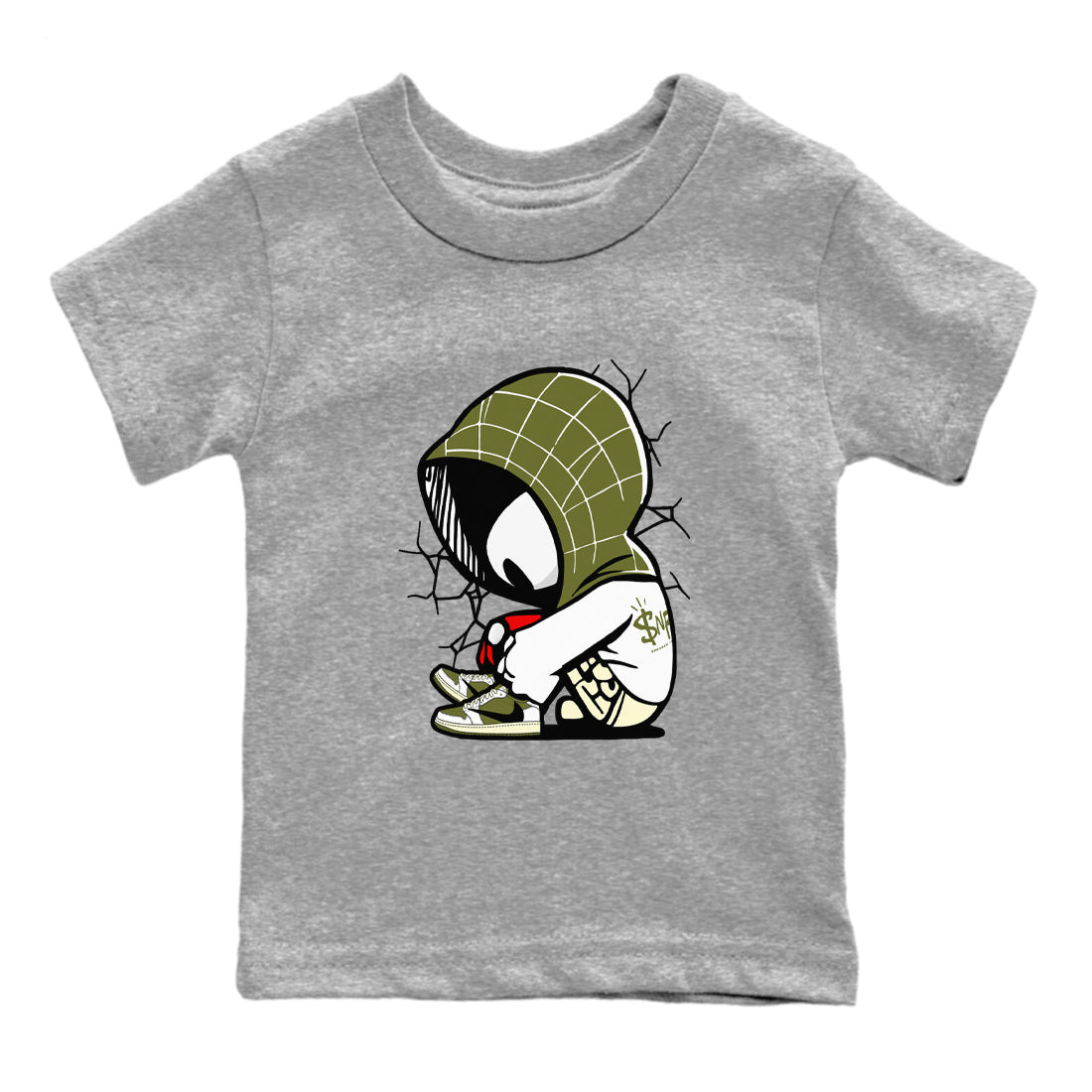 1s Travis Scott Medium Olive shirts to match jordans Baby Spider sneaker match tees Air Jordan 1 Travis Scott Medium Olive SNRT Sneaker Tees streetwear brand Baby and Youth Heather Grey 2 cotton tee