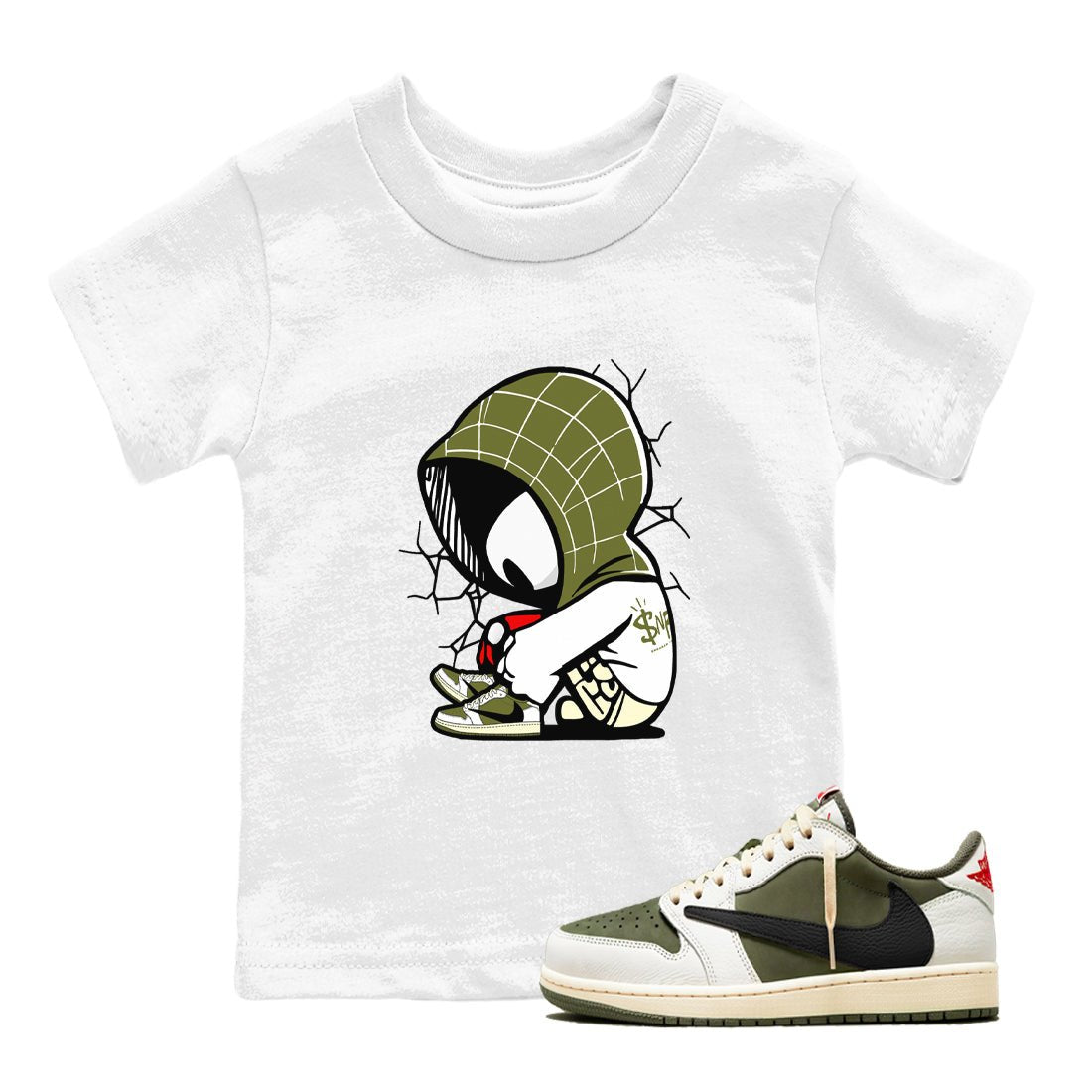 1s Travis Scott Medium Olive shirts to match jordans Baby Spider sneaker match tees Air Jordan 1 Travis Scott Medium Olive SNRT Sneaker Tees streetwear brand Baby and Youth White 1 cotton tee