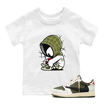 1s Travis Scott Medium Olive shirts to match jordans Baby Spider sneaker match tees Air Jordan 1 Travis Scott Medium Olive SNRT Sneaker Tees streetwear brand Baby and Youth White 1 cotton tee