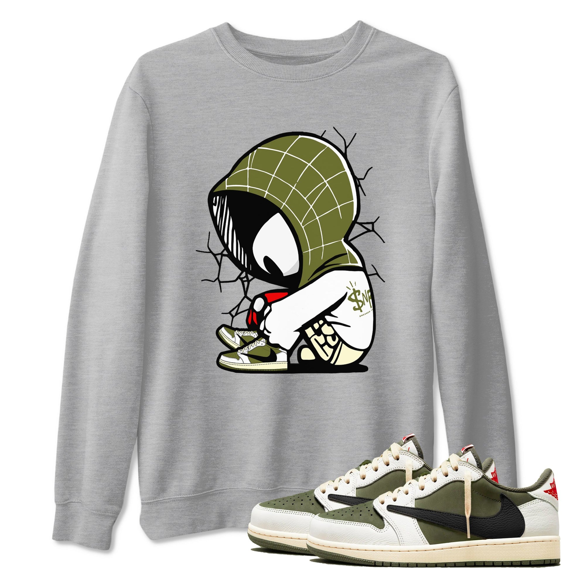 1s Travis Scott Medium Olive shirts to match jordans Baby Spider sneaker match tees Air Jordan 1 Travis Scott Medium Olive SNRT Sneaker Tees streetwear brand Heather Grey 1 unisex cotton tee