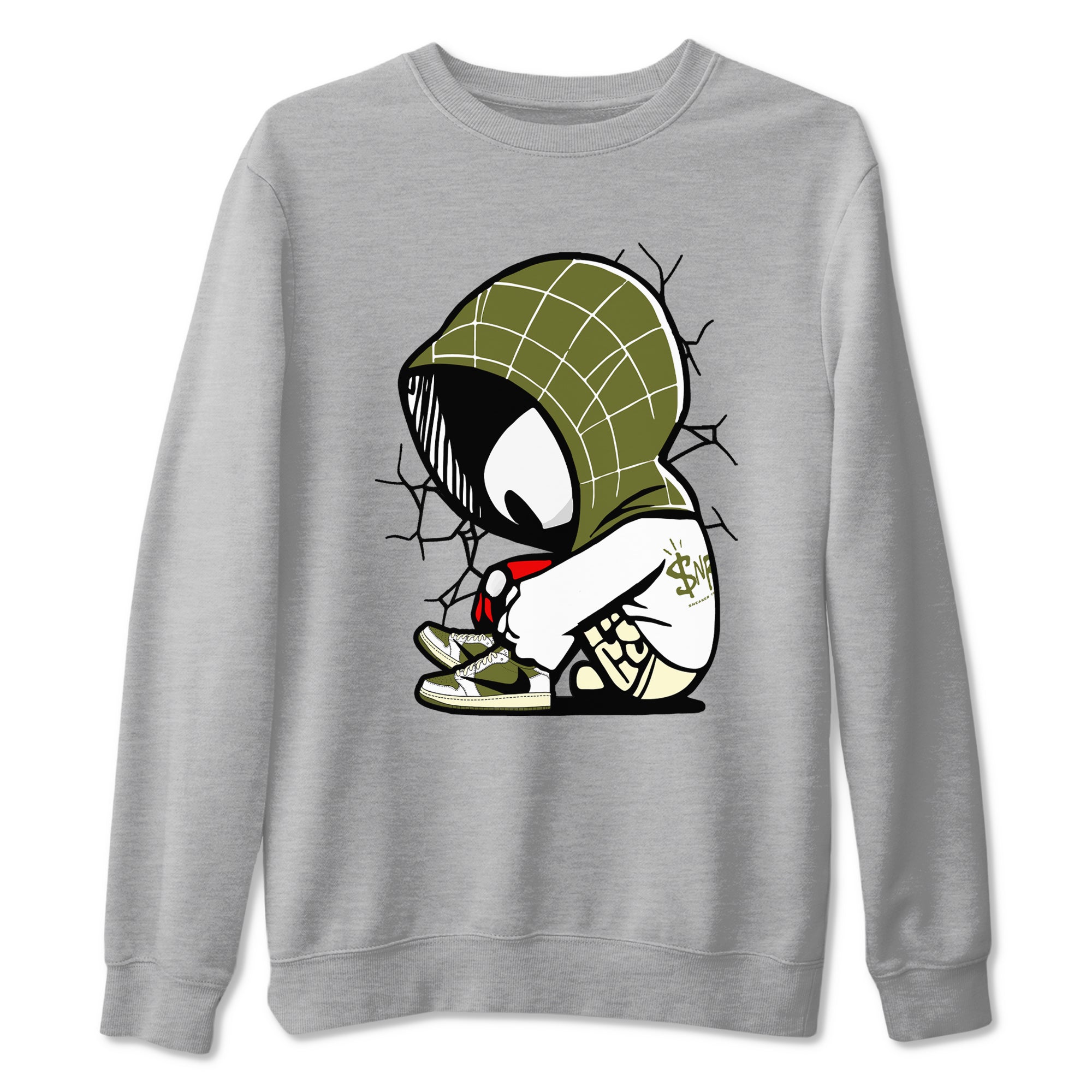 1s Travis Scott Medium Olive shirts to match jordans Baby Spider sneaker match tees Air Jordan 1 Travis Scott Medium Olive SNRT Sneaker Tees streetwear brand Heather Grey 2 unisex cotton tee