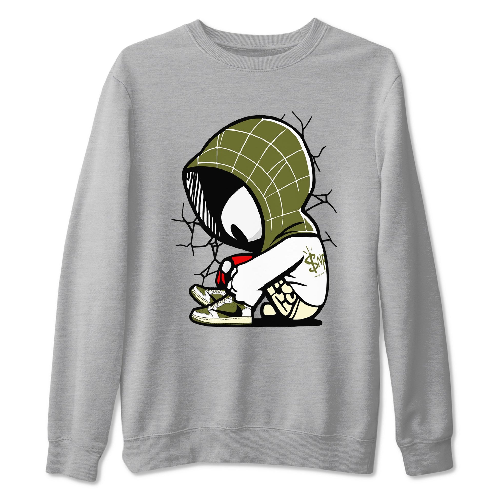 1s Travis Scott Medium Olive shirts to match jordans Baby Spider sneaker match tees Air Jordan 1 Travis Scott Medium Olive SNRT Sneaker Tees streetwear brand Heather Grey 2 unisex cotton tee