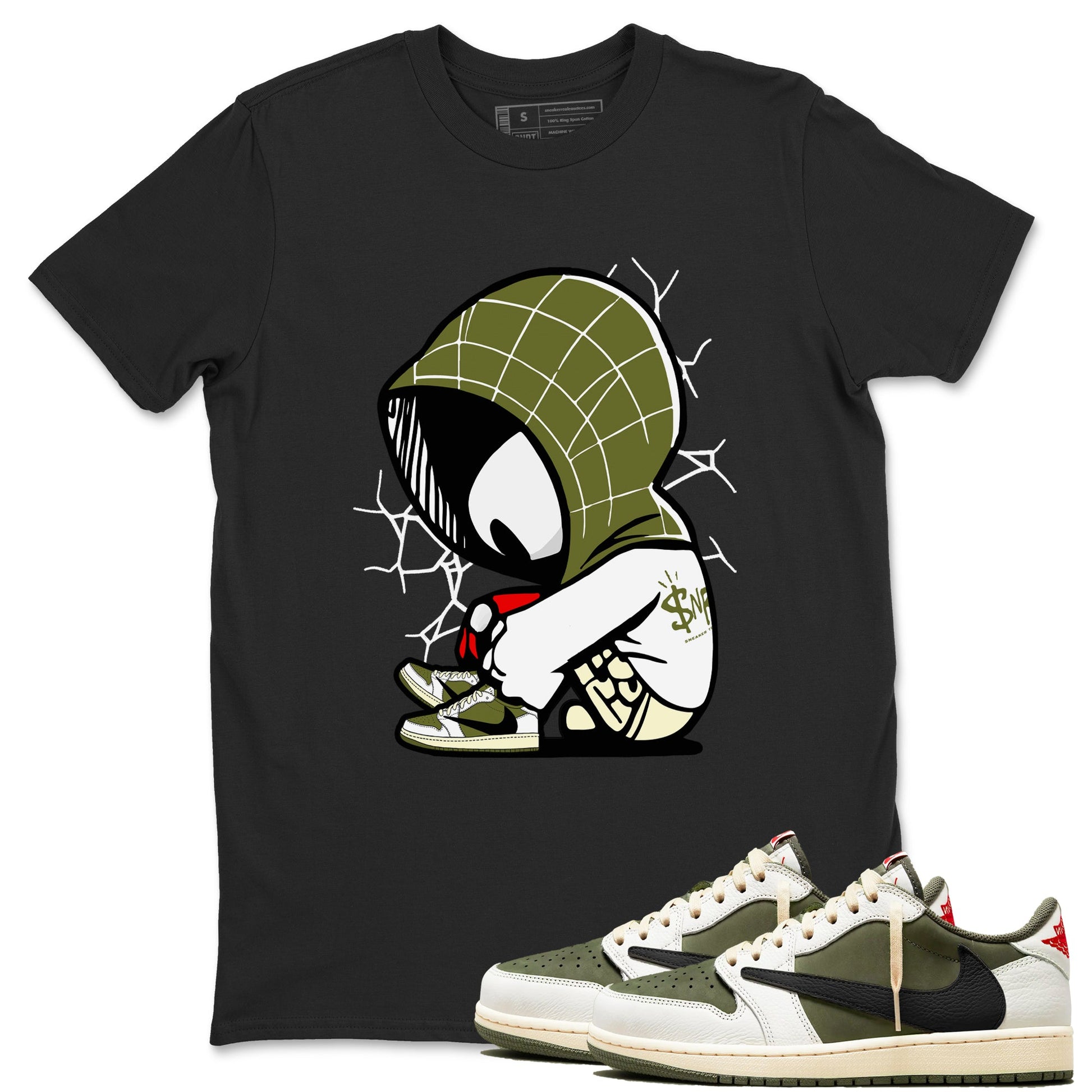 1s Travis Scott Medium Olive shirts to match jordans Baby Spider sneaker match tees Air Jordan 1 Travis Scott Medium Olive SNRT Sneaker Tees streetwear brand Black 1 unisex cotton tee