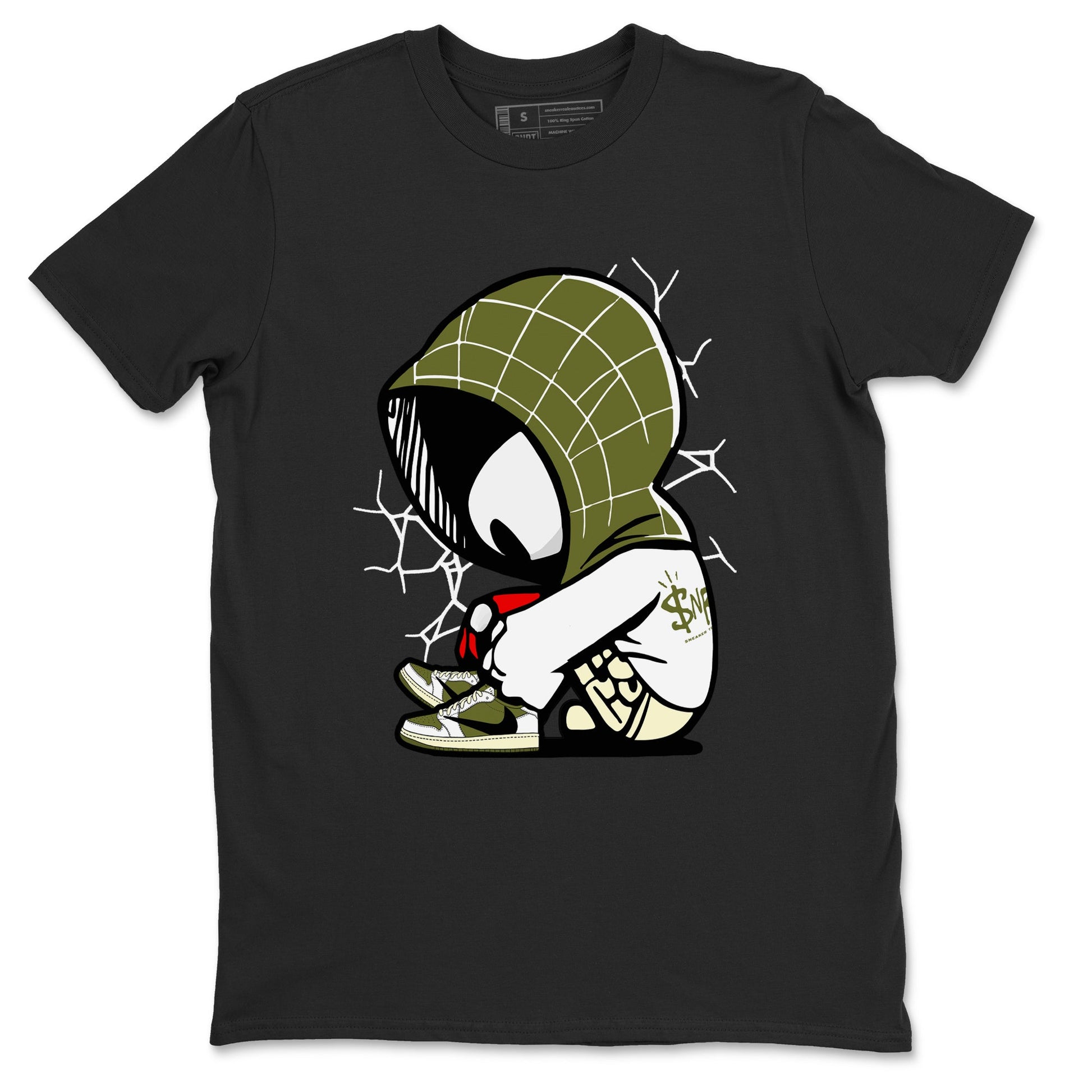 1s Travis Scott Medium Olive shirts to match jordans Baby Spider sneaker match tees Air Jordan 1 Travis Scott Medium Olive SNRT Sneaker Tees streetwear brand Black 2 unisex cotton tee