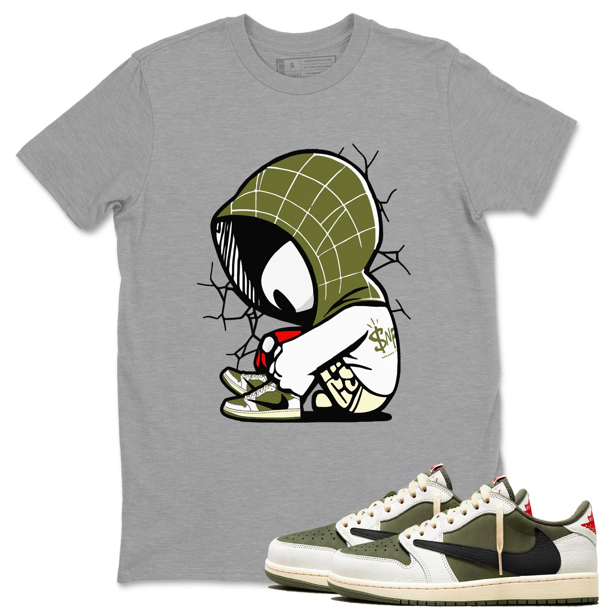1s Travis Scott Medium Olive shirts to match jordans Baby Spider sneaker match tees Air Jordan 1 Travis Scott Medium Olive SNRT Sneaker Tees streetwear brand Heather Grey 1 unisex cotton tee