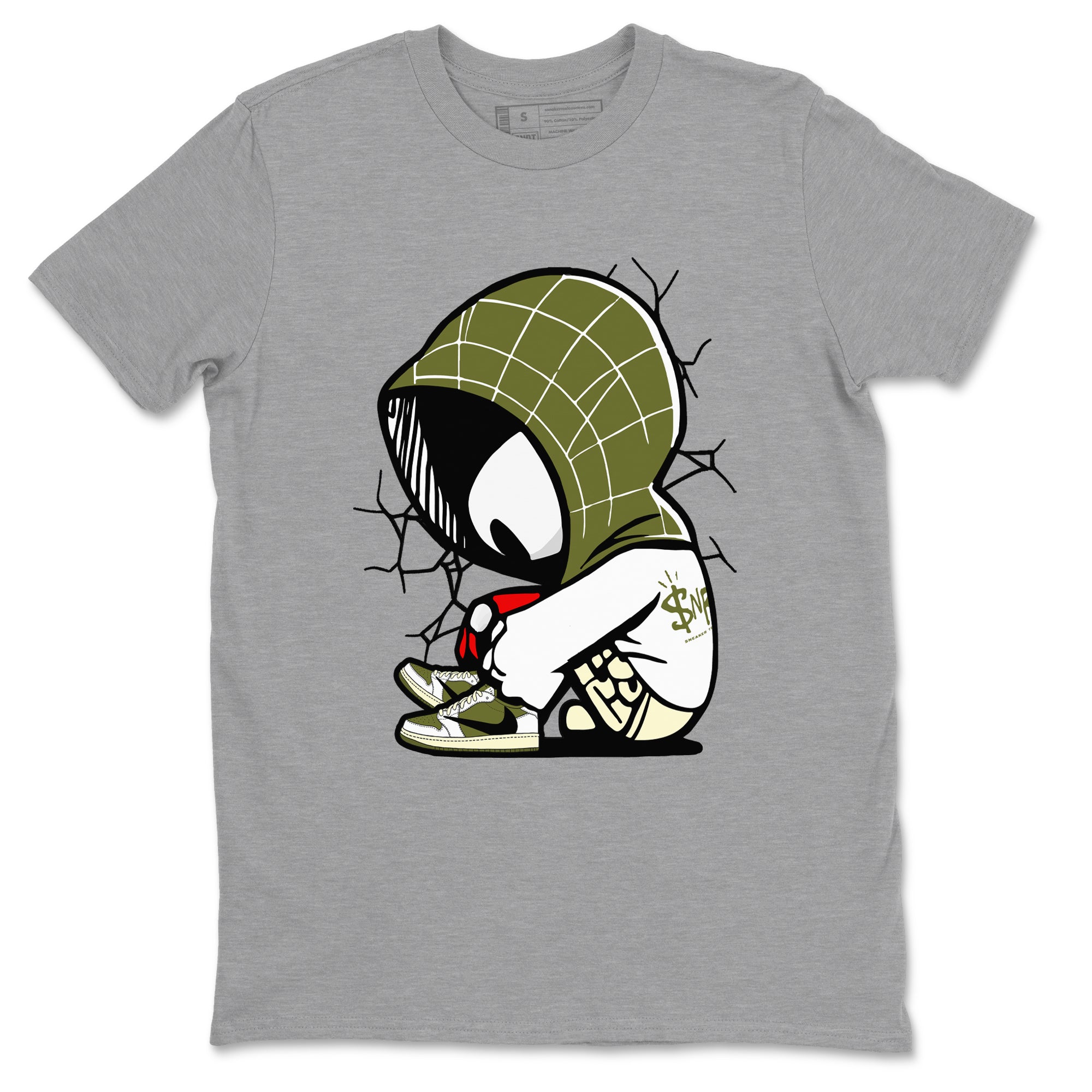1s Travis Scott Medium Olive shirts to match jordans Baby Spider sneaker match tees Air Jordan 1 Travis Scott Medium Olive SNRT Sneaker Tees streetwear brand Heather Grey 2 unisex cotton tee