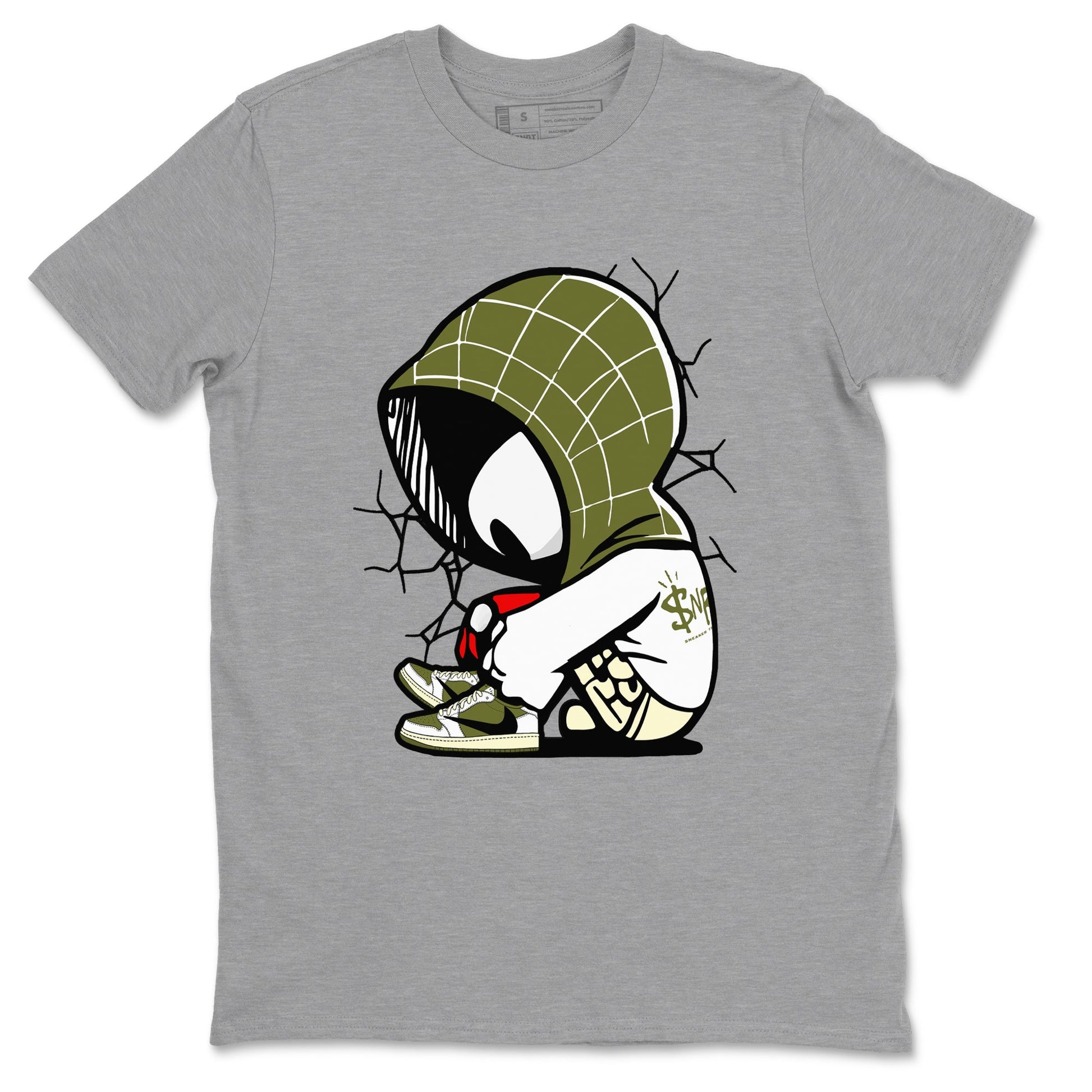 1s Travis Scott Medium Olive shirts to match jordans Baby Spider sneaker match tees Air Jordan 1 Travis Scott Medium Olive SNRT Sneaker Tees streetwear brand Heather Grey 2 unisex cotton tee