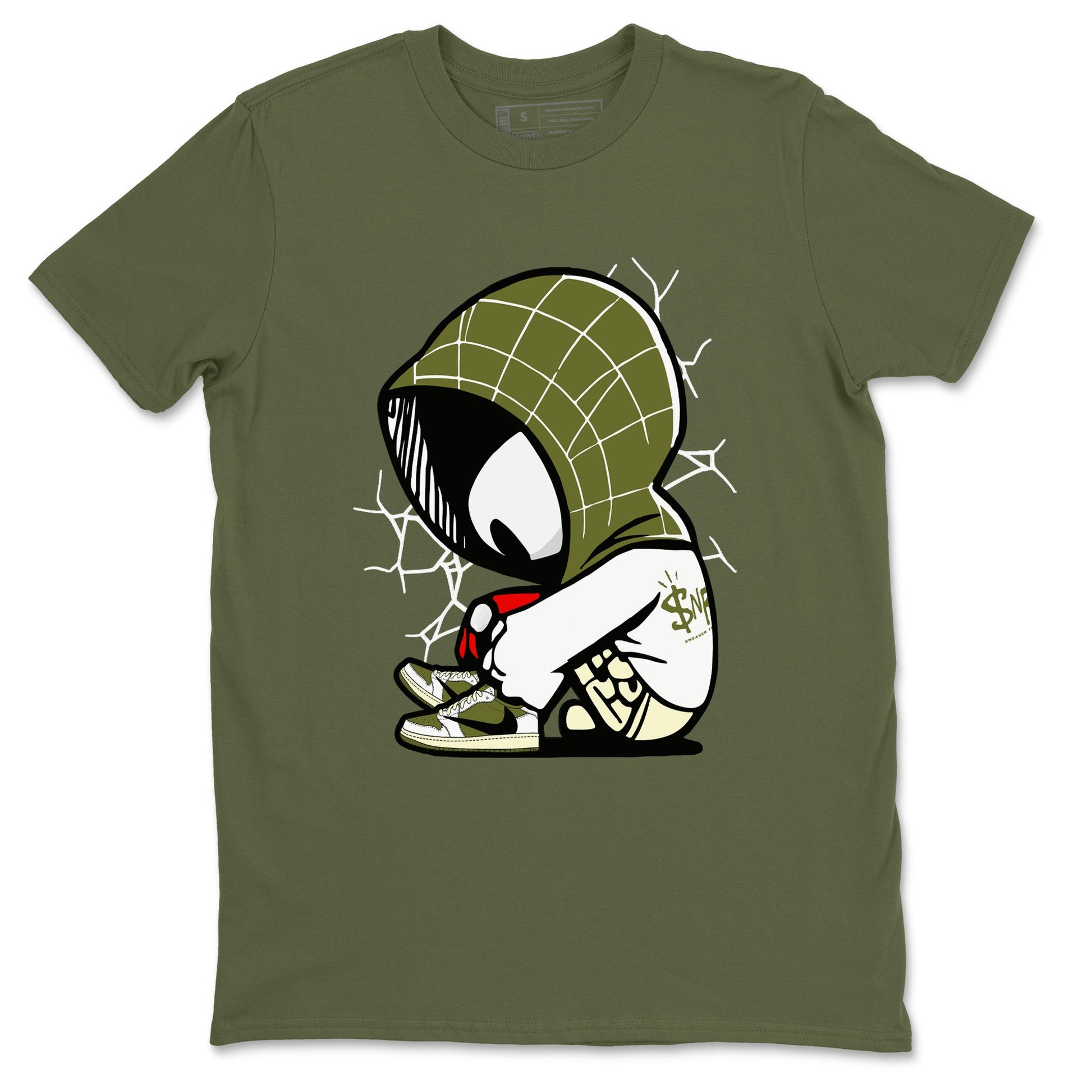 1s Travis Scott Medium Olive shirts to match jordans Baby Spider sneaker match tees Air Jordan 1 Travis Scott Medium Olive SNRT Sneaker Tees streetwear brand Military Green 2 unisex cotton tee